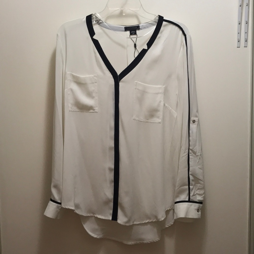 White long sleeve button down with black stripes